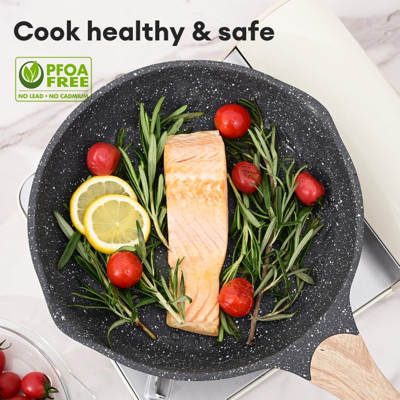 JEETEE 10 Inch Nonstick Frying Pan, Stone Coating Cookware, Nonstick Omelette Pan with Heat-Resistant Handle, Compatible with All Stoves (Grey) - Image 5